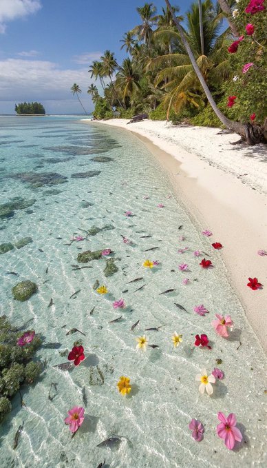The image features a beach scene with a body of water filled with colorful flowers floating on its surface. The flowers are pink, yellow, and white, creating a vibrant and visually appealing display. The beach itself has a sandy shoreline that extends into the distance, where you can see palm trees and other vegetation. In the background, there is an island visible in the water.