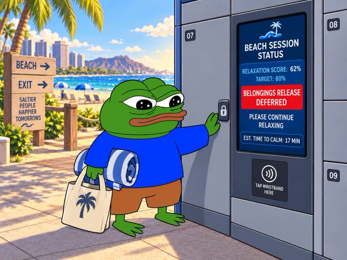 A cartoon illustration of a sad Pepe the Frog character at a beach locker where the digital screen reads 'BEACH SESSION STATUS' and 'BELONGINGS RELEASE DEFERRED'.