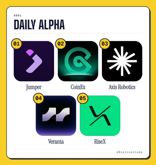 'DAILY ALPHA #091' graphic highlighting 5 crypto/tech projects: Jumper, CoinEx, Axis Robotics, Veranta, and RiseX, credited to @0xalisonlamp.
