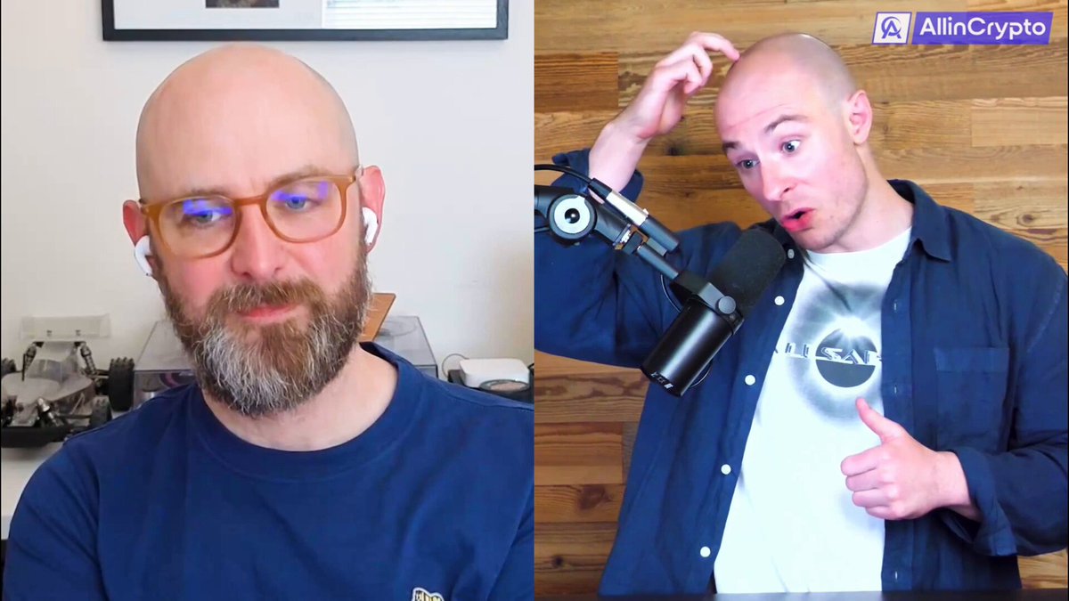 The image shows two men wearing glasses and a blue shirt with one of them holding a microphone while the other man has his hand up to his head, possibly scratching or adjusting something. The caption for the image reads "AI’s biggest impact may not be finance. @moderndosh explains how technologies like CBDCs and on-chain systems could make institutions more transparent, from government spending to public trust".