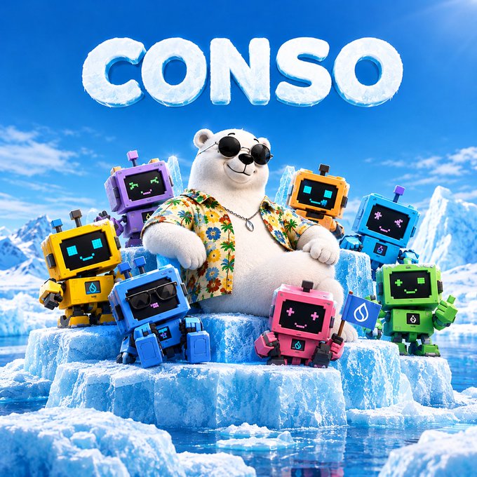 Stylized 3D illustration titled 'CONSO' featuring a polar bear in a Hawaiian shirt surrounded by colorful, smiling robots on ice.