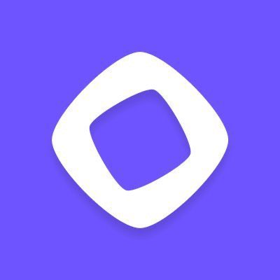 Minimalist purple and white logo featuring a stylized rounded diamond or hexagonal shape on a solid purple background.