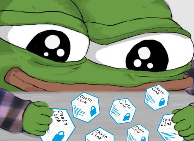 The cartoon Pepe the Frog gazes longingly at multiple white cubes labeled "Chain Link" with padlock icons, representing Chainlink ($LINK) cryptocurrency. The image ties into the post's bullish prediction that Chainlink will end the year in the top 8, flipping Dogecoin and Hyperliquid.