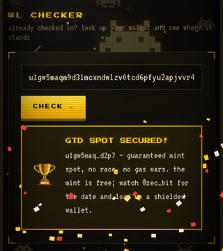 A "URL CHECKER" webpage confirms eligibility for a guaranteed mint spot (GTD) with a free mint at @zec_bit, showing a search of the wallet address "u1gw5naq9d31mcxndw1zv0ted6pfyu2apjvvr4" returning a "GTD SPOT SECURED!" status. The confetti-filled popup highlights a "guaranteed mint spot, no wars, the mint is free," directly verifying the eligibility claim in the post.
