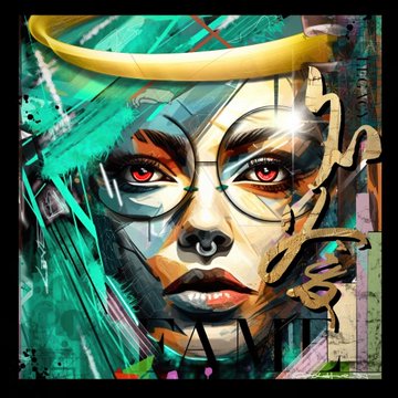 A stylized street art portrait of a person with red eyes, face markings, and a golden halo, featuring teal paint drips and graffiti elements.