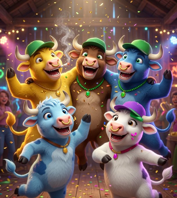 A colorful cartoon illustration showing five joyful anthropomorphic bulls wearing green and purple caps and gemstone necklaces, dancing together amid falling confetti in a festive barn setting.