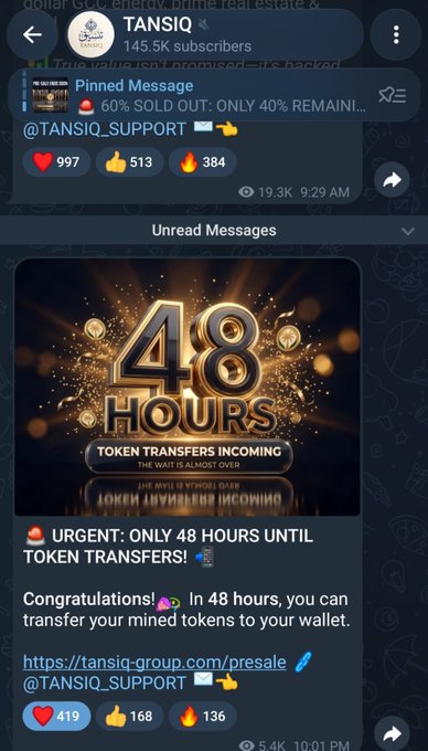 A Telegram channel screenshot for TANSIQ shows a pinned message and an announcement about '48 HOURS' until token transfers.