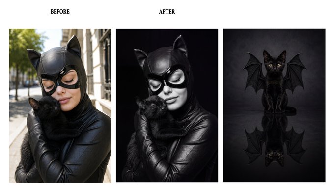 A 'BEFORE' and 'AFTER' comparison showing a woman in a Catwoman costume holding a black cat, transformed into a darker, more dramatic version, followed by an image of a black cat with bat wings and a reflection.