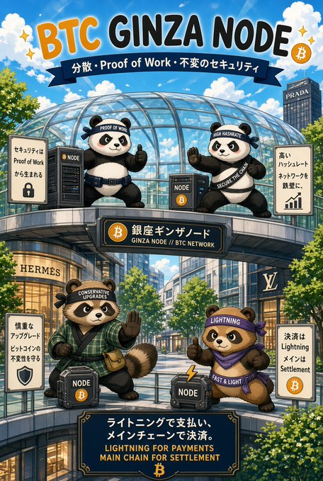 An anime-style illustration titled 'BTC GINZA NODE' featuring four panda characters dressed in different outfits (security guard, hacker, conservative upgrader, lightning) representing Bitcoin concepts like Proof of Work, Hashrate, Conservative Upgrade, and Lightning payments.