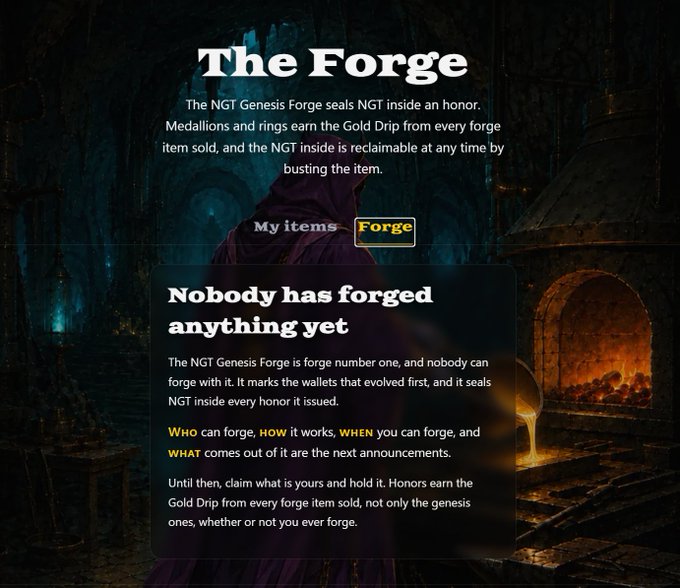 A dark fantasy-themed digital interface titled "The Forge" explains that the NGT Genesis Forge seals NGT inside an honor, noting "Nobody has forged anything yet" with a "My Items / Forge" tab selector.