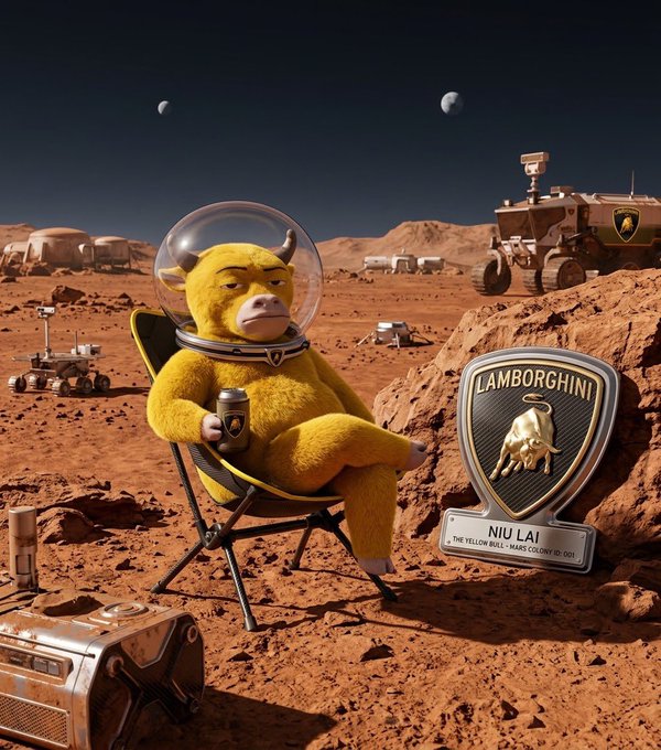 A surreal AI-generated image of a yellow bull-like creature wearing a space helmet sitting in a folding chair on Mars, holding a coffee cup next to a Lamborghini shield sign reading 'NIU LAI THE YELLOW BULL · MARS COLONY ID 001'.