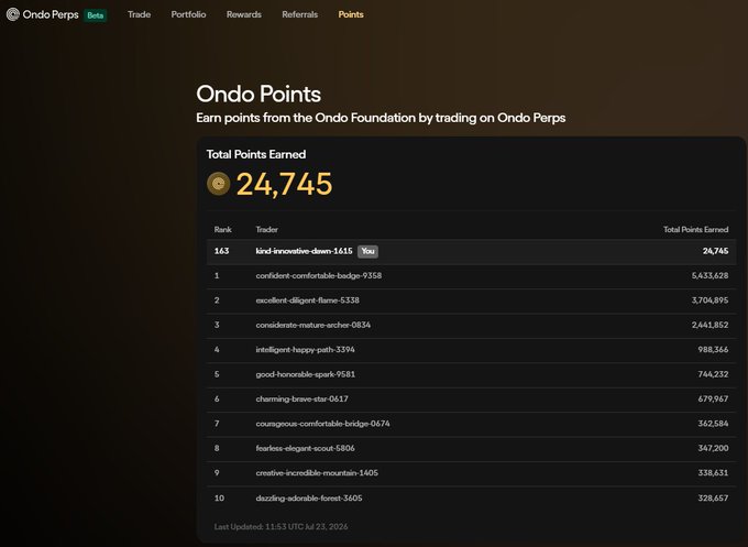 The image shows the Ondo Points leaderboard, where the user "kind-innovative-dawn-1616" is ranked 163rd with 24,745 total points earned from trading on Ondo Perps. The leaderboard displays top traders with the highest earner at rank 1 holding 5,633,628 points, while the user remains well ahead of zero but below the leading competitors. This visually confirms the user's claim of accumulating 24,745 points through their manual trading and market making activities on the platform.
