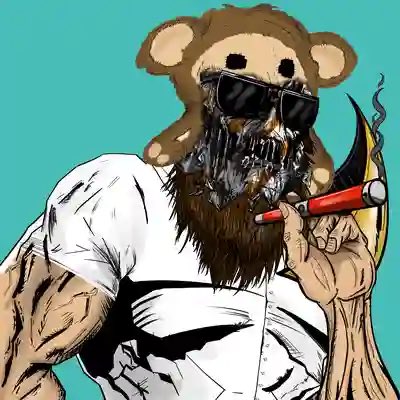 A cartoon illustration of a muscular bearded man wearing sunglasses and a teddy bear head, holding a smoking cigarette.