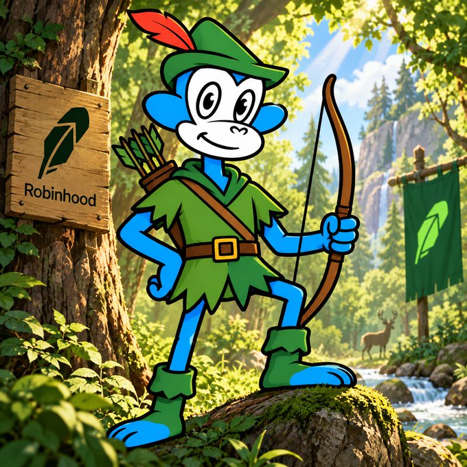 A cartoon illustration of a blue monkey dressed as Robin Hood, holding a bow and arrows next to a wooden 'Robinhood' sign in a forest setting.