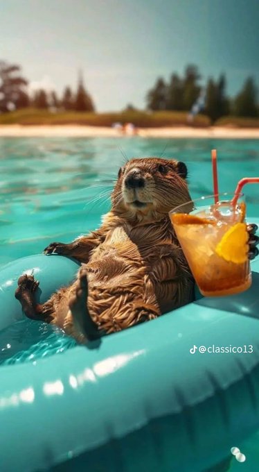 The image features a brown bear sitting inside an inflatable pool, holding a drink with a straw in its mouth. The bear appears to be enjoying itself as it floats in the water. The background of the photo shows a beach scene with people walking along the shoreline and trees nearby.