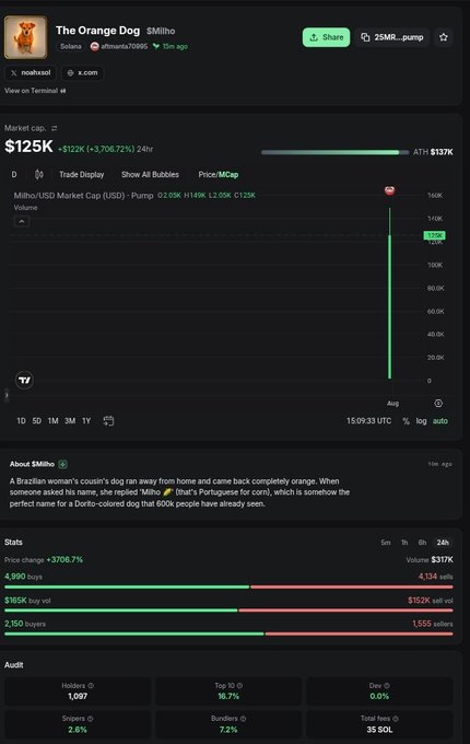 A crypto trading terminal screenshot for the memecoin 'The Orange Dog' ($Milho) on Solana shows a massive price spike of +3708.72%, reaching a market cap of $125K, with an ATH of $137K.