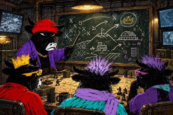 A cartoon illustration depicts anthropomorphic cows in colorful attire planning around a tactical map on a chalkboard in a dimly lit room.