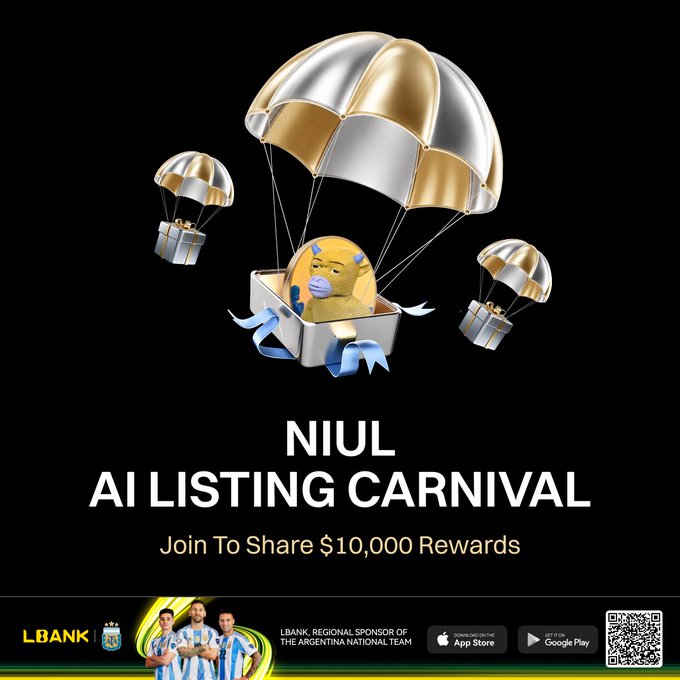 A promotional graphic for the "NIUL AI LISTING CARNIVAL" on LBank, featuring golden parachutes carrying gift boxes and a lion mascot against a black background, advertising a chance to share $10,000 in rewards, with the LBank logo and Argentine National Team sponsorship displayed at the bottom.