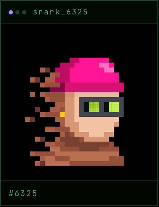 A pixel-art NFT-style image labeled 'snark_6325' at the top and '#6325' at the bottom shows a character with a pink beanie and green digital sunglasses dissolving into pixels.