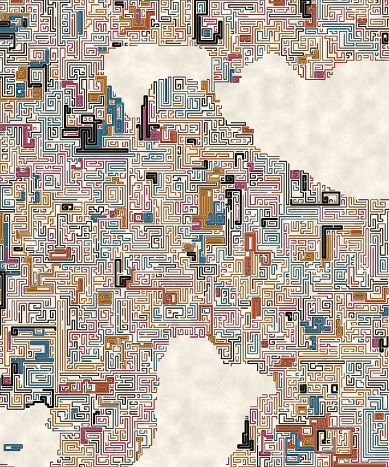 An intricate, colorful circuit-board or maze-like pattern forms the silhouette of a person's profile against a light background.