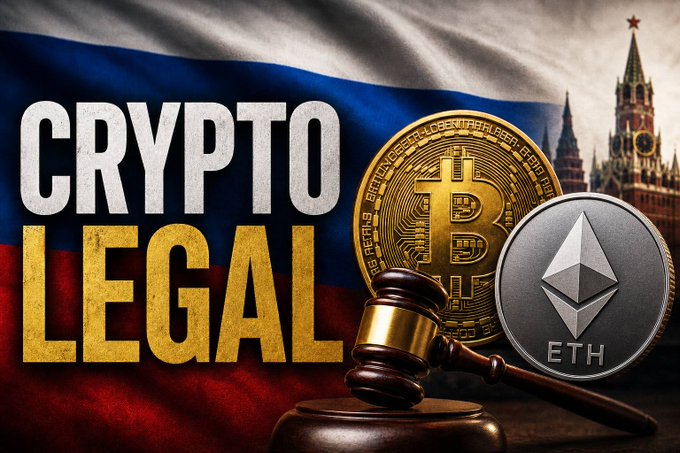 News-style graphic with the Russian flag, Moscow Kremlin, a judge's gavel, and Bitcoin and Ethereum coins, declaring 'CRYPTO LEGAL' in large text.
