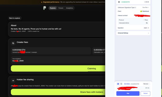 A screenshot of a Pump Explore page showing creator fees for a creator with a total of 0.003264 ETH, alongside a wallet signature pop-up for an 'Unknown Signature Type' operation.