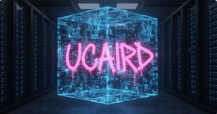 The image features a 3D rendering of a cube, which has been transformed into a neon pink object with the word "UCAIRD" written on it using blue paint. The cube appears to be floating or hovering in front of a computer server rack filled with servers. The background is dark and black, providing contrast for the neon pink cube and making it stand out.