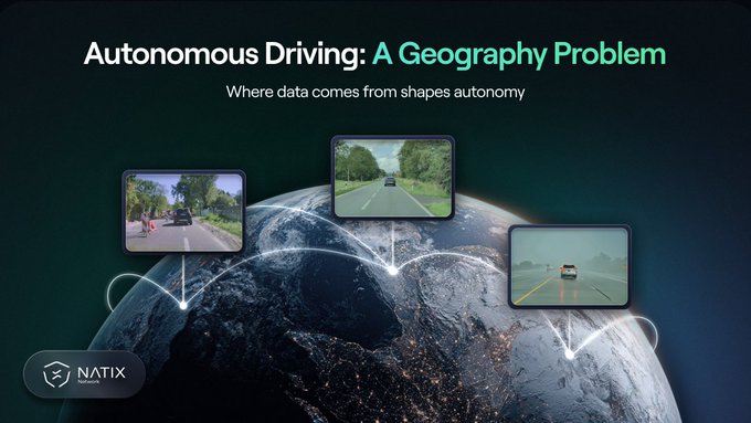 The image features the title "Autonomous Driving: A Geography Problem" with the subtitle "Where data comes from shapes autonomy," showing a globe with three driving scene images connected by arrows to different global locations, branded with "NATIX Network." The visual reinforces the post's message that autonomous vehicles require diverse geographic data—illustrated by varying road scenes (a pedestrian area, a highway, and a tunnel)—to be trained for different driving cultures and environments worldwide.