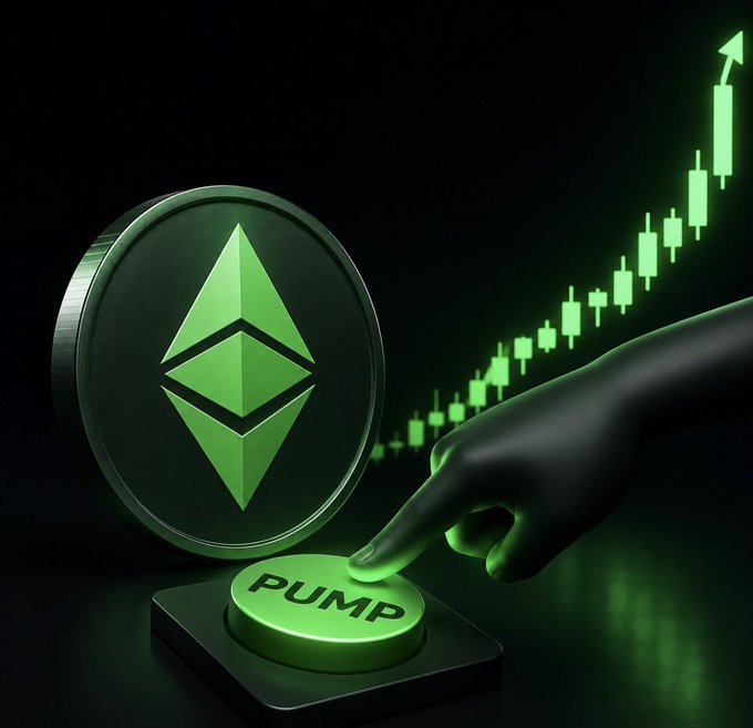 A graphic showing a finger pressing a green 'PUMP' button next to an Ethereum coin and a rising green candlestick chart.