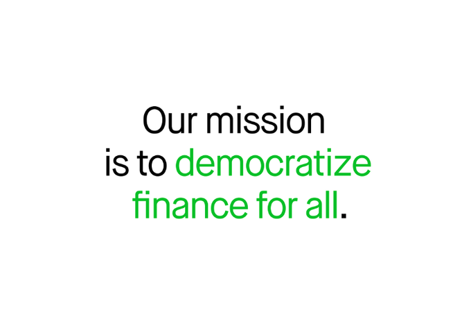 A minimalist white-background graphic displays the text "Our mission is to democratize finance for all." with "democratize finance for all." highlighted in green. This reflects Robinhood's core mission statement, aligning with the post's mention of "Robinhood Chain" as a new product likely tied to the platform's goal of making financial tools accessible to everyone.