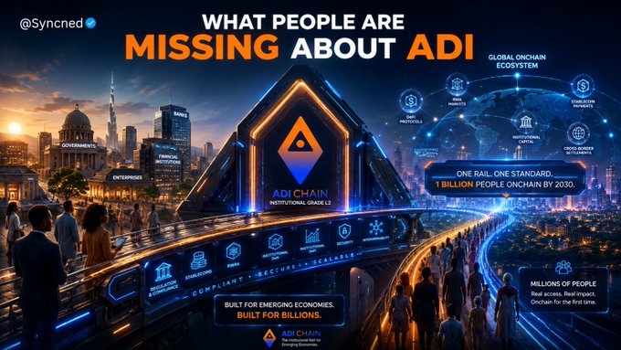 A promotional graphic with the headline 'WHAT PEOPLE ARE MISSING ABOUT ADI' featuring the ADI Chain logo and text including 'GLOBAL ONCHAIN ECOSYSTEM', 'ONE RAIL. ONE STANDARD. 1 BILLION PEOPLE ONCHAIN BY 2030.', and 'BUILT FOR EMERGING ECONOMIES. BUILT FOR BILLIONS.', with the handle @Synced.