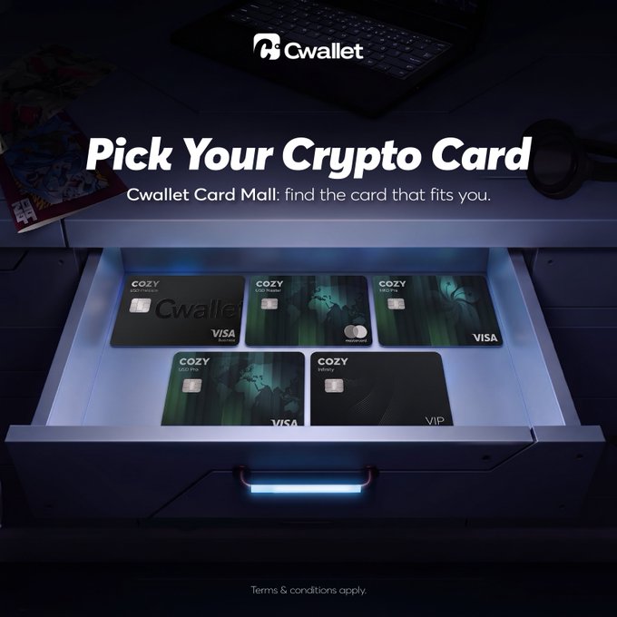 Advertisement for 'Cwallet' crypto card, showing five dark-themed Visa cards displayed in an open illuminated drawer with text 'Pick Your Crypto Card' and 'Cwallet Card Mall: find the card that fits you.'