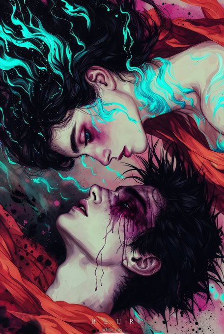 A multi-colored digital illustration of two anime-style characters facing each other, one with flowing cyan hair and the other with dark hair and a bleeding eye, with the text 'BLUR' and 'by: blur_blurs' at the bottom.