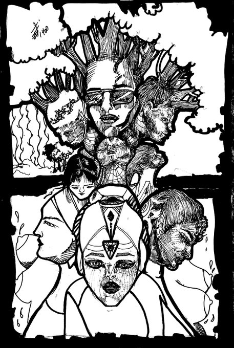 A detailed black and white ink illustration depicting multiple faces, including one with a triangular forehead symbol, and a bearded man with glasses in a surreal composition.