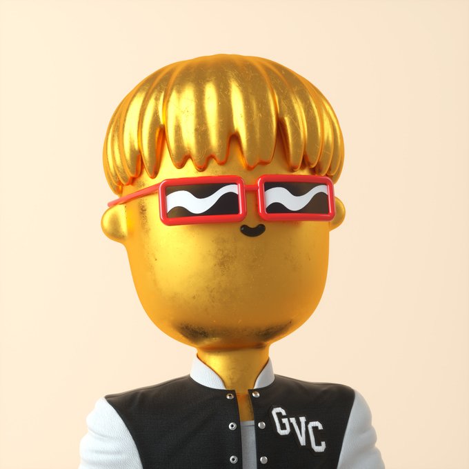 A 3D rendered golden character with a bowl haircut, wearing red and white rectangular sunglasses and a black vest labeled "GVC".