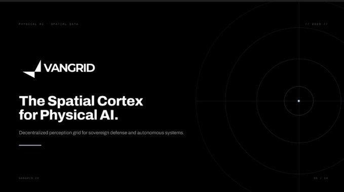 A black splash screen for VANGRID reads 'The Spatial Cortex for Physical AI,' describing it as a 'Decentralized perception grid for sovereign defense and autonomous systems.'