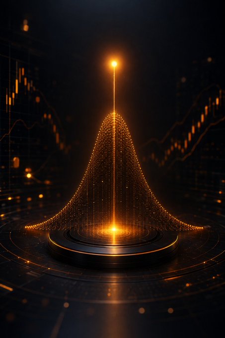 An abstract digital visualization featuring a glowing orange, spike-like formation made of light particles rising from a circular base, set against a dark background with subtle graphs.