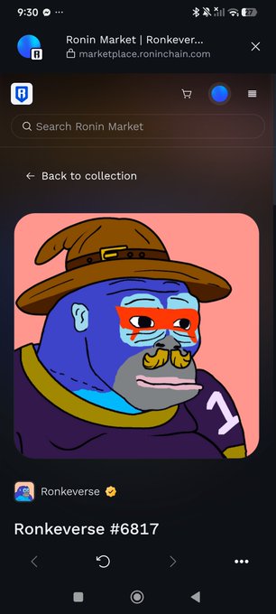 A screenshot of the Ronin Market mobile website displaying an NFT called "Ronkeverse #6817," featuring a cartoon ape character with a wizard hat and red mask.