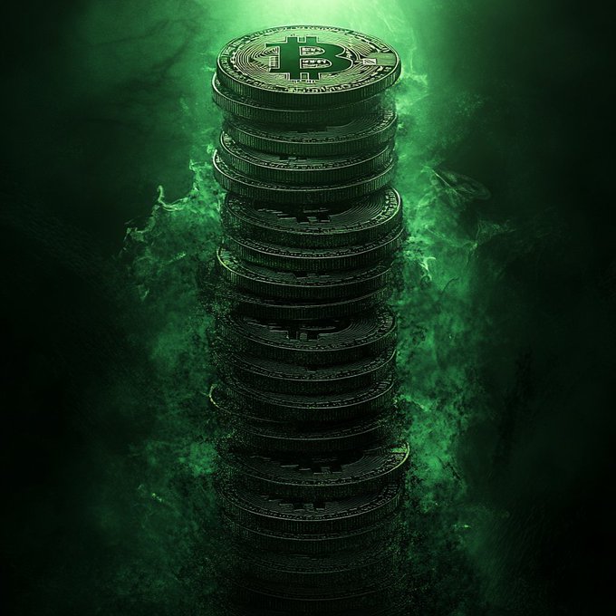 A stylized image of a tall stack of Bitcoin coins surrounded by green smoke, set against a dark background.
