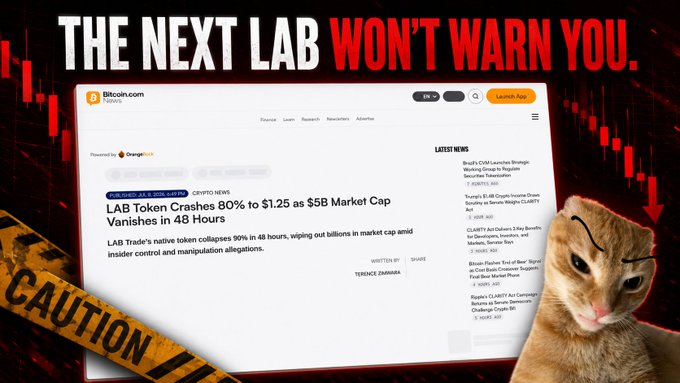 A warning-themed image featuring a tabby cat labeled 'THE NEXT LAB WON'T WARN YOU' with a Bitcoin.com article headline 'LAB Token Crashes 80% to $1.25 as $5B Market Cap Vanishes in 48 Hours' overlaid on a red candlestick chart.