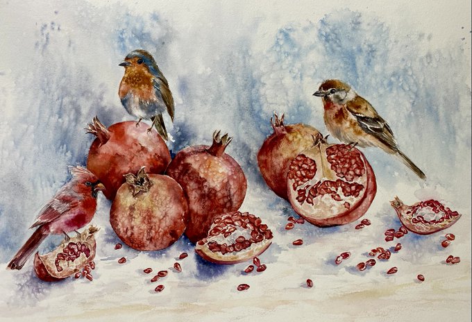 A watercolor painting of three small birds perched on and around pomegranates, some whole and some split open, revealing red seeds.