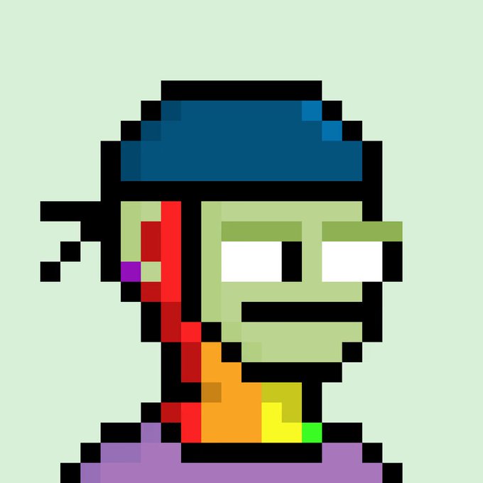 A pixel art portrait of a green zombie-like character with a blue bandana, red exposed flesh, and purple clothing.
