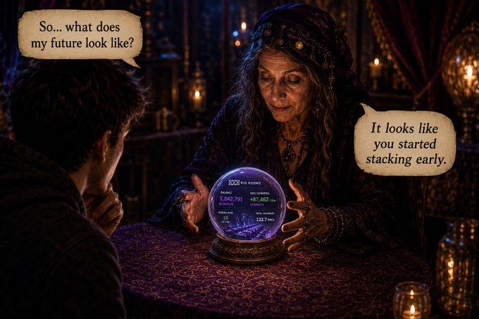 A fortune teller scene shows a woman looking into a crystal ball displaying crypto data, telling a man 'It looks like you started stacking early.' while he asks 'So... what does my future look like?'
