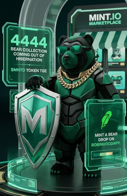 A promotional graphic for MINT.IO Marketplace featuring an armored bear character in green and black armor with sunglasses and a gold chain, advertising the '4444 BEAR COLLECTION COMING OUT OF HIBERNATION' $MNTD token TGE.
