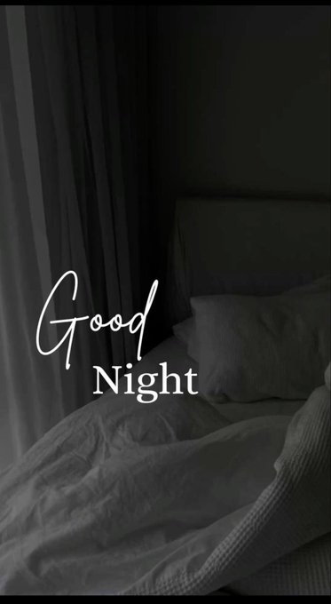 A dark, minimalist photograph of an unmade bed with curtains in the background, featuring the elegant cursive text "Good Night" overlaid.