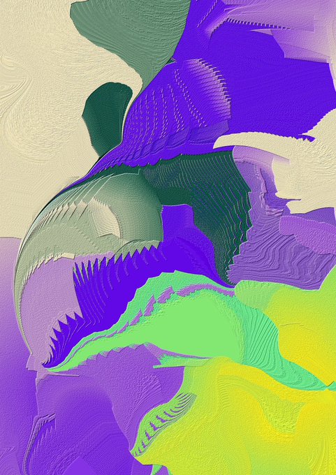 An abstract digital artwork featuring overlapping shapes in purple, yellow, green, and cream tones with textured, brushstroke-like patterns.