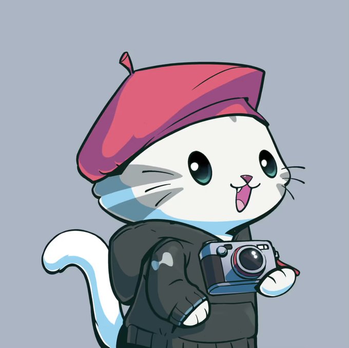 A cute cartoon white cat wearing a red beret and black jacket, holding a camera with a cheerful expression.