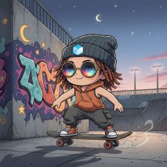 A chibi-style illustration of a girl with sunglasses, a beanie, and a black hoodie, riding a skateboard at night with graffiti-covered walls, street lamps, and a crescent moon in the background.
