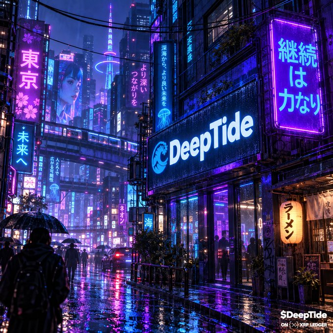 Cyberpunk-style Tokyo street scene at night with glowing neon signs in Japanese and a large blue 'DeepTide' sign featuring a whale logo, with rain on the street and '$DeepTide ON XRP LEDGER' in the bottom right.