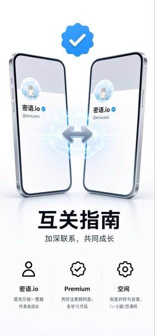 Promotional graphic showing two smartphones with Chinese text '密语.io', '互关指南' (Mutual Follow Guide), and '加深联系，共同成长' with icons for user, Premium, and space features.